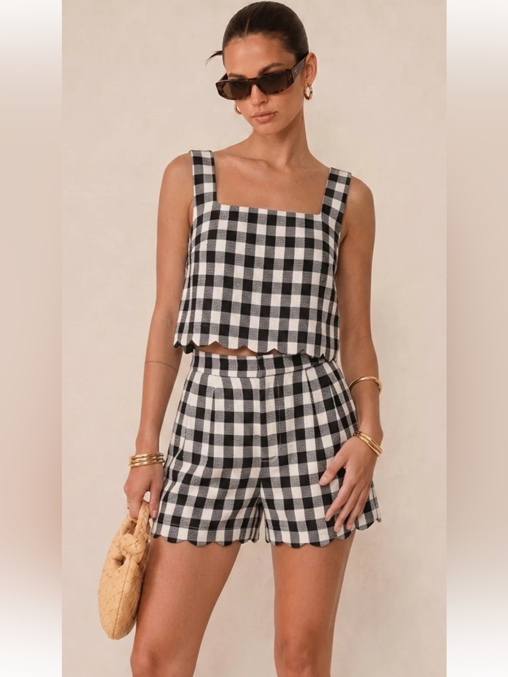 Women’s Black and White Gingham High-Waist Shorts